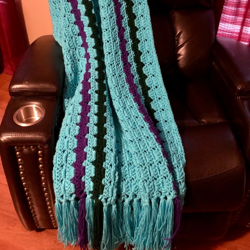 Turqua Handmade Crochet Afghan With Purple And Hunter Green Stripes 45”x70".
